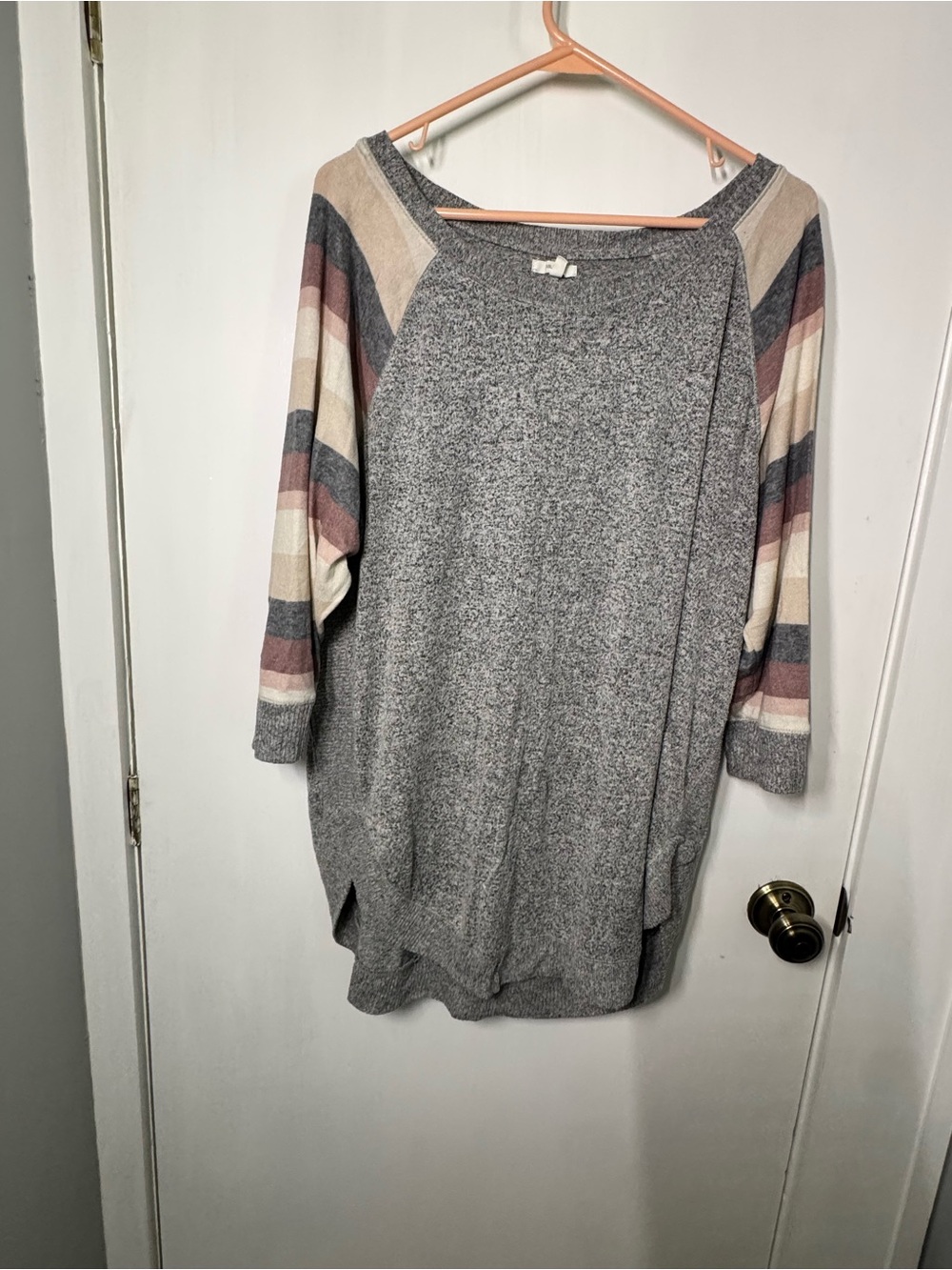 Gray Knit Long-Sleeve Dress with Striped Sleeves